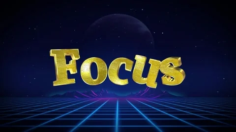 Golden focus text floating above retro synthwave grid landscape background with 库存影片 344715042