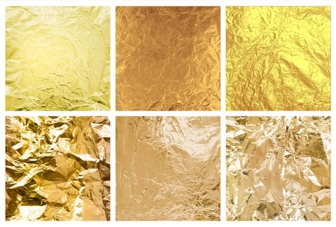 Golden foil wrinkled texture vector set, realistic aluminum orange paper sheet Stock Illustration