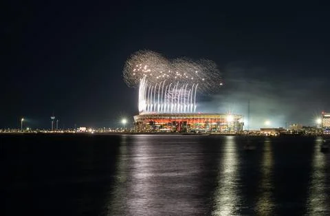 Golden Fountain Fireworks Exploding Above Stadium 974 in Doha Qatar. Photos