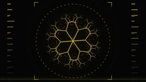 Golden Fractal Snowflake Geometric Pattern on Dark Background with HUD Elemen Stock Footage 346660538