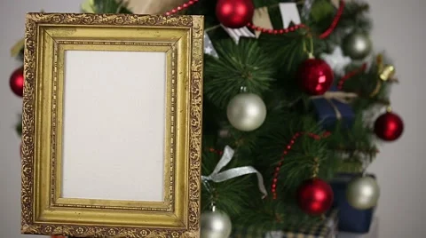 Golden frame on the background of Christmas tree Stock Footage 57216576