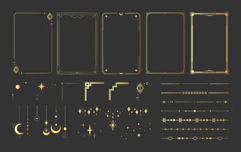 Golden frame border templates with celestial design elements Illustrazione stock