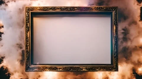 A golden frame with decorations, with an empty field, flames of fire, smoke.. Stock Footage 273954286