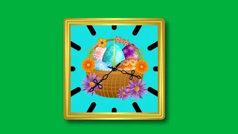 Golden frame Easter time clock on green screen. Stock Illustration