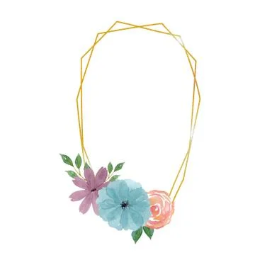 Golden frame in the form of a crystal. Frame, decorated with a bouquet. Stock Illustration