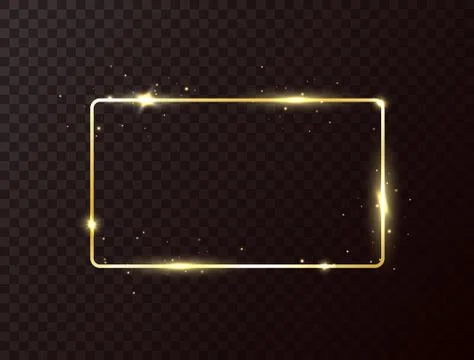 Golden frame with light effect. Shining rectangle banner on dark transparent  Illustrazione stock