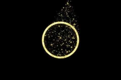 Golden frame with lights effects. Shining circle banner. Isolated on black Stock Illustration