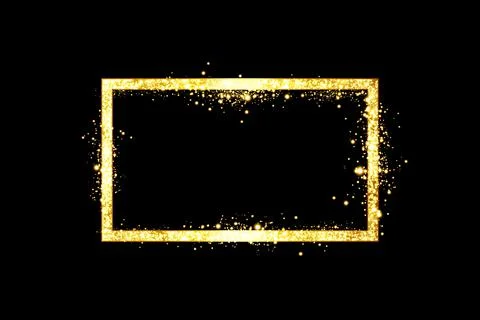 Golden frame with lights effects. Shining rectangle banner. Isolated on black Stock Illustration