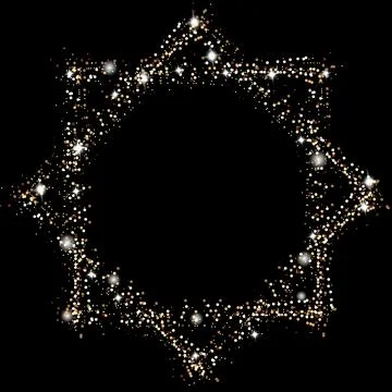 Golden frame with lights effects. Shining rectangle banner. Isolated on black Stock Illustration