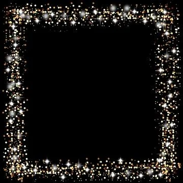 Golden frame with lights effects. Shining rectangle banner. Isolated on black Illustrazione stock