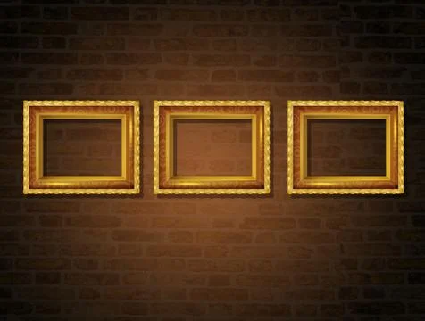 Golden frames hanging on the brick wall Stock Illustration