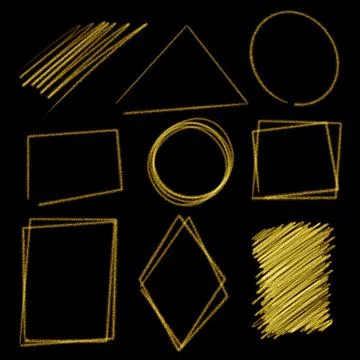 Golden frames. Illustration of different shapes and lines on a black backgrou Stock Illustration