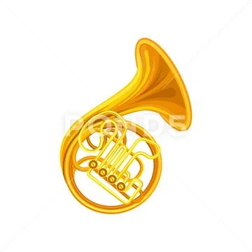 Golden french horn. Brass musical instrument with coiled tube, valves and flared Stock Illustration
