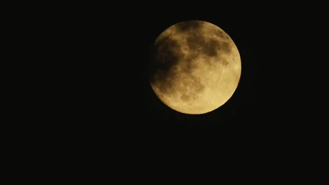 Golden Full Moon on Black Sky, Detailed Lunar Craters and Surface Stock Footage 345210282
