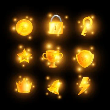 Golden game icon set, vector UI shiny casino badge kit, winner trophy shield Stock Illustration