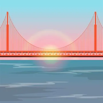 Golden Gate Bridge against the setting sun, suspension bridge over water vector Stock Illustration