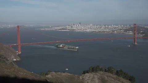 Golden Gate Bridge with Cargo Ship and San Francisco from Marin Headlands 4k Stock Footage 52961365