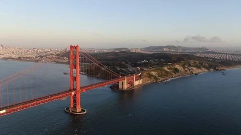 Golden Gate Bridge Drone Shot - Sunset - South Tower - Moving Left Stock Footage