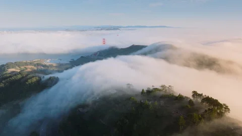 Golden Gate Bridge drowning in thick fog at the sunrise, San Francisco Video stock 256046692