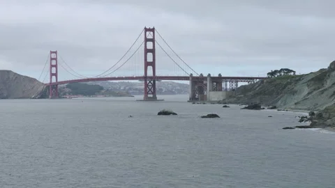 Golden Gate Bridge From Elevated Cliff Viewpoint On Overcast Day Stock Footage 344914448