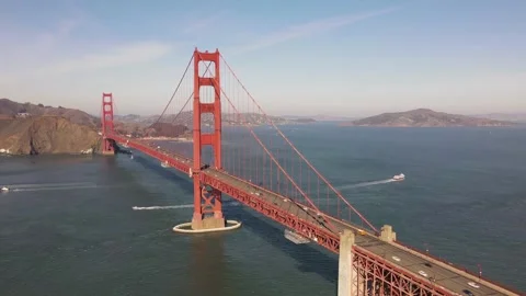 Golden Gate Bridge Hyperlapse with Boats in Water, Aerial Parallax Stock Footage 145450068