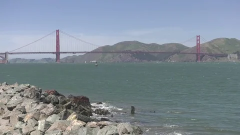Golden Gate Bridge, large, side view from Presidio Stock Footage 76320772