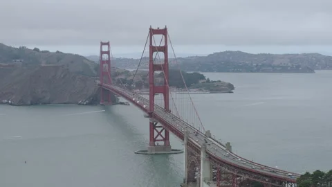 Golden Gate Bridge Main Span Aerial Overcast Day Traffic Below Video stock 344915381