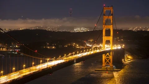 Golden Gate Bridge Night Timelapse - South Side Wide Stock Footage 87419776