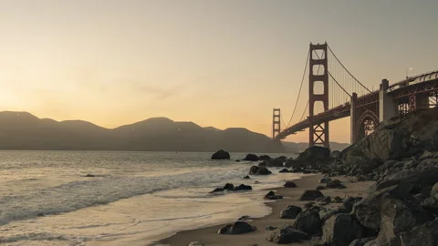 Golden Gate Bridge Ocean Baker Beach Beautiful Sunset Timelapse San Francisco Stock Footage 202113341