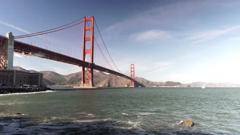Golden Gate Bridge with Ocean Waves in Foreground, Gimbal Pan Shot Stock Footage 145451496