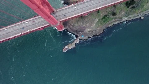 Golden Gate Bridge Overhead Bird's Eye View North Suspension Tower Stock Footage
