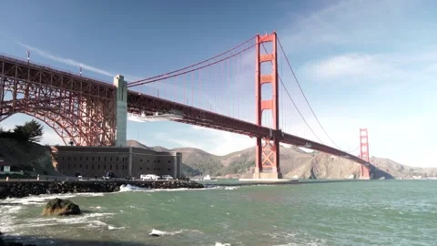 Golden Gate Bridge with Slow Motion Ocean Waves, Gimbal Shot Stock Footage 145451202
