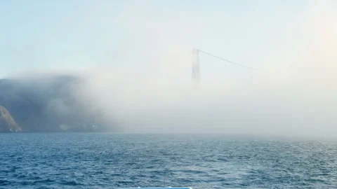 Golden Gate Bridge support is barely visible through thick fog, Pacific Ocean Video stock 242828549