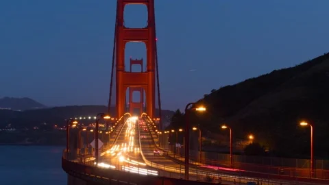 Golden Gate Bridge at Twilight with Traffic Light Trails Stock Footage 334433642