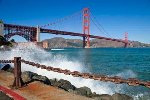 The golden gate bridge w the waves Stock Photos
