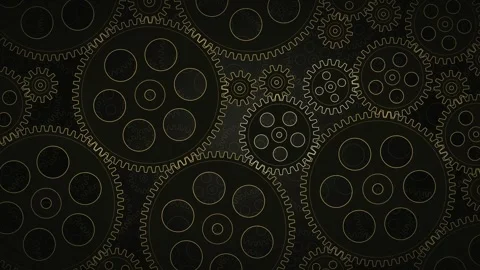 Golden Gear Field Rotating Cogs Industrial Mechanical Background Steampunk Stock Footage 348345665