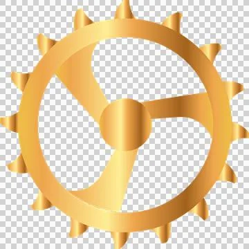 Golden gear with triangular teeth, three spokes is floating on transparent Illustrazione stock