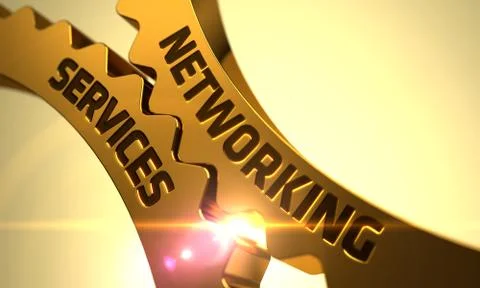 Golden Gears with Networking Services Concept. 3D Stock Illustration