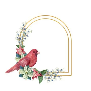 Golden geometric frame with winter d cor and red bird. Watercolor Christmas Stock-Illustration