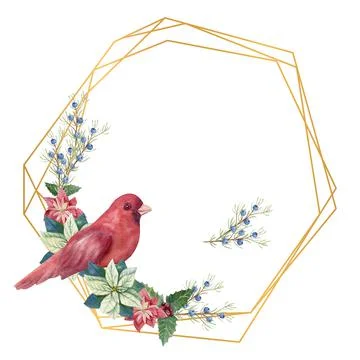 Golden geometric frame with winter d cor and red bird. Watercolor Christmas Stock Illustration