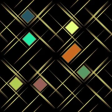 Golden geometric, seamless  pattern on a black background. Multi-colored squares Ilustración de archivo
