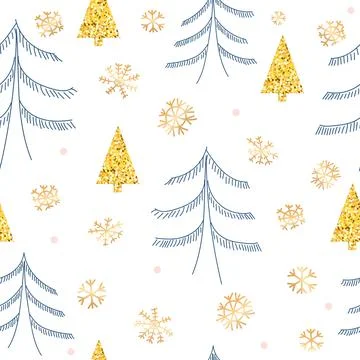 Golden geometric shape pine, doodle fir and snowflakes. Christmas background for Stock Illustration