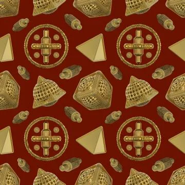 Golden geometric shapes seamless pattern. 3D render Stock Illustration