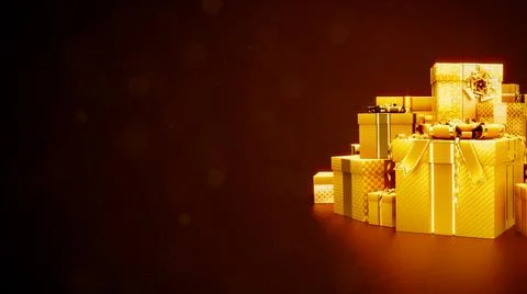 Golden gift box pile for christmas with free place - industrial 3D illustration Stock-Illustration