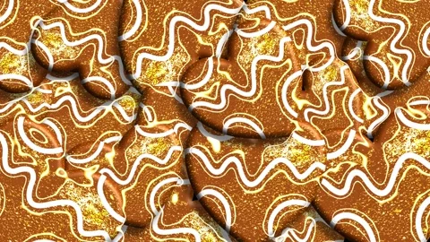 Golden gingerbread hearts with white icing pattern on brown background Stock Footage 326416896