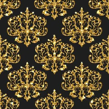 Golden glitter seamless pattern. Vector background with damask ortaments Stock Illustration