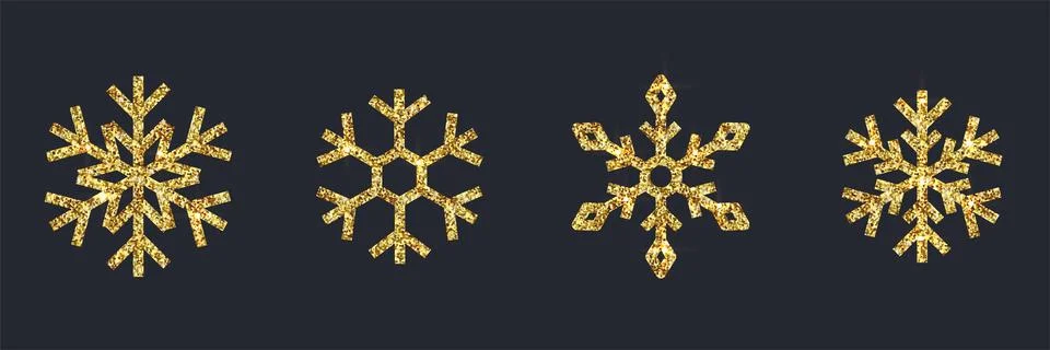 Golden glitter snowflake silhouette set isolated on dark. Christmas metallic Stock Illustration