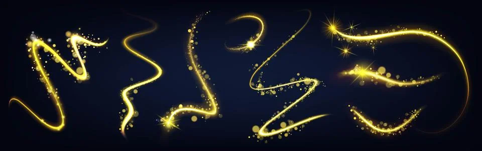 Golden glitter trail. Effect light. Magic star particles. Dust swirl waves Stock Illustration