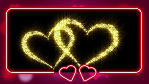 Golden glittering intertwined hearts inside glowing red neon rectangular frames 스톡 동영상 345334462