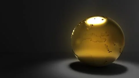 Golden globe on black background. Spotlight shines on golden globe. Investm.. イラスト素材